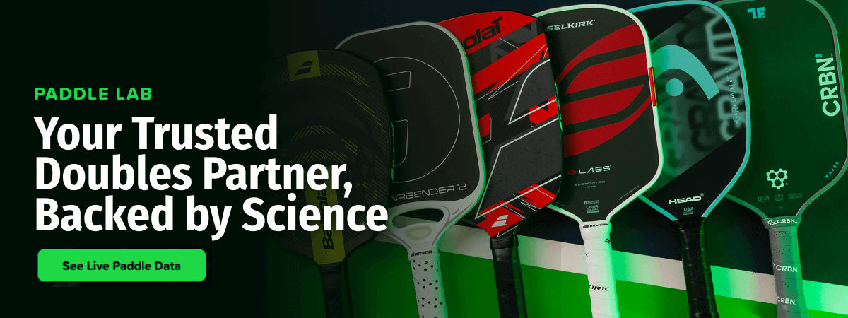 PADDLE LAB: Your Trusted Doubles Partner, Backed by Science. See Live Paddle Data. A lineup of pickleball paddles.